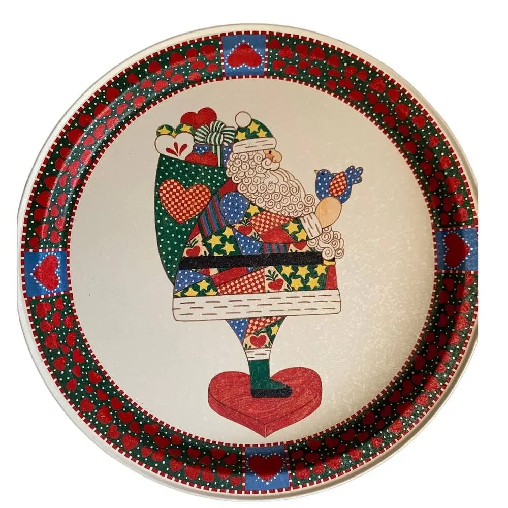 Vintage 90s Patchwork Santa folk metal tray